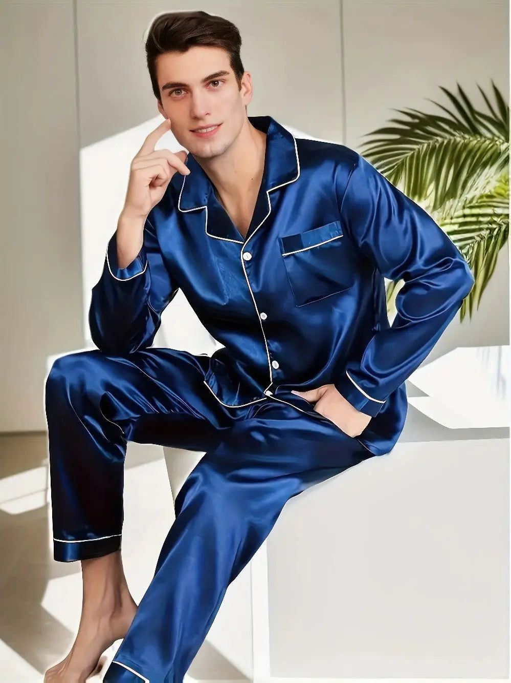 Men's Sleep Shirt Set with Classic White Details
