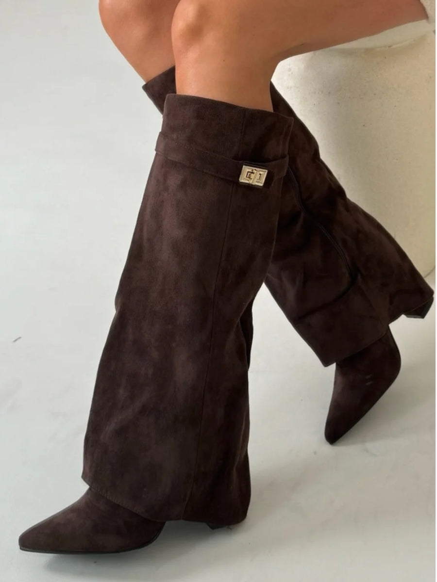 Tall Wide Calf Boots with Chunky Heel and Pointy Toe