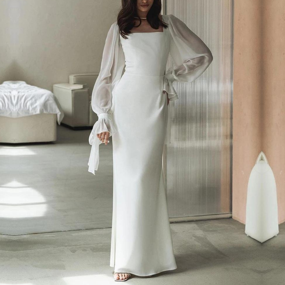 Elegant Long Bridal Gown - Square Neckline with Flared Sleeves - ModishWorld