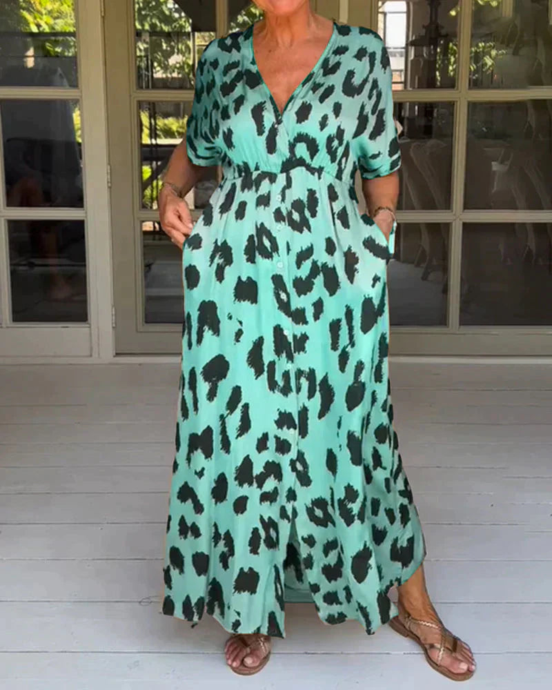 Fashionable Leopard V Neck Dress for Women