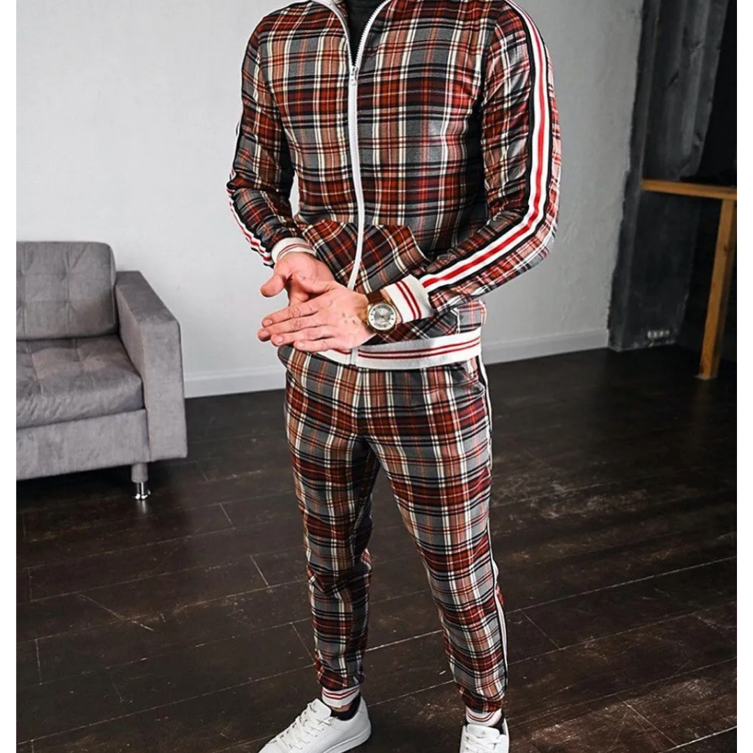 Classic Plaid Mens Tracksuit with Stripe Design
