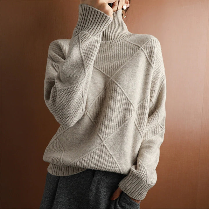 Women's Sweater - Soft Diamond Pattern Roll Neck