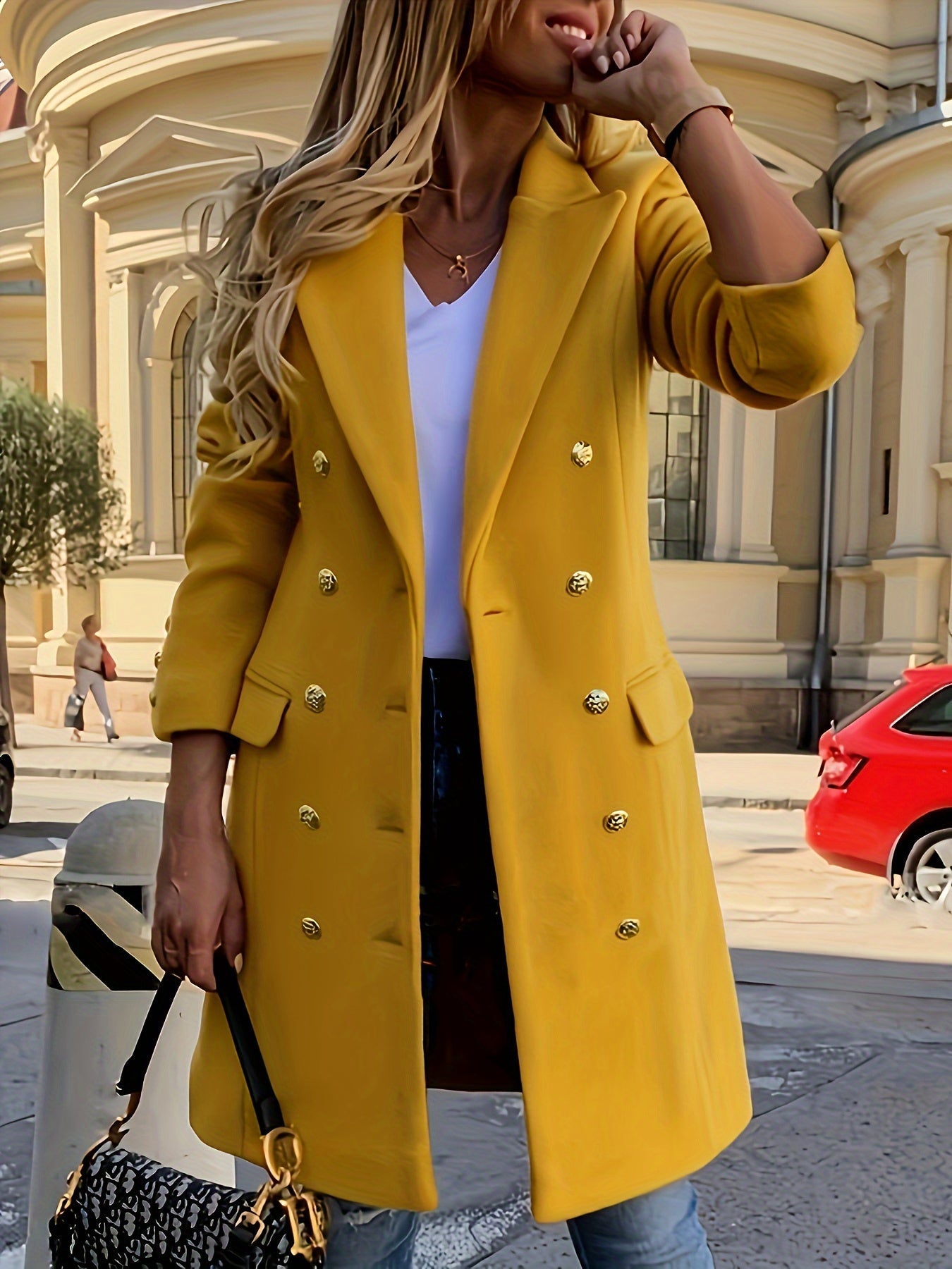 Classic Golden Pea Coat for Women - ModishWorld
