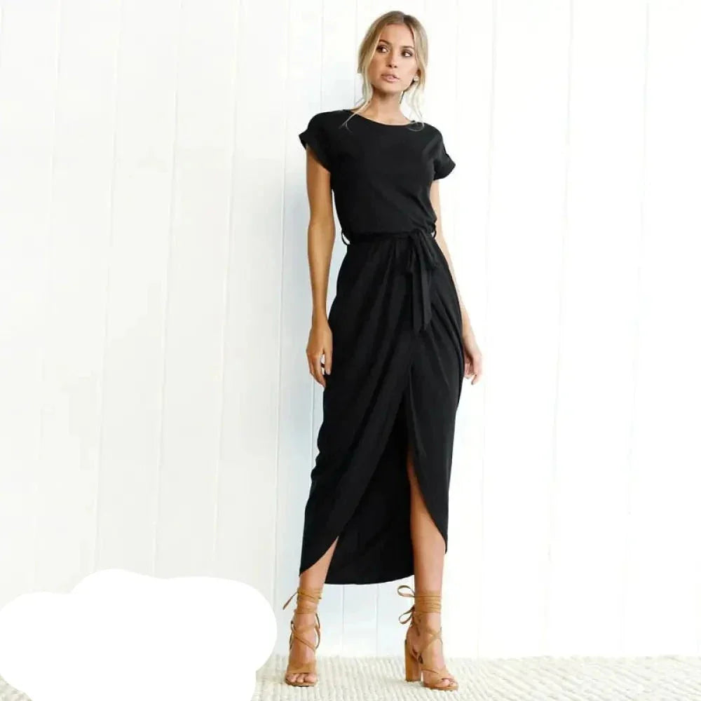 Casual Black Midi Wrap Dress with Cap Sleeves and High Slit – Modish World