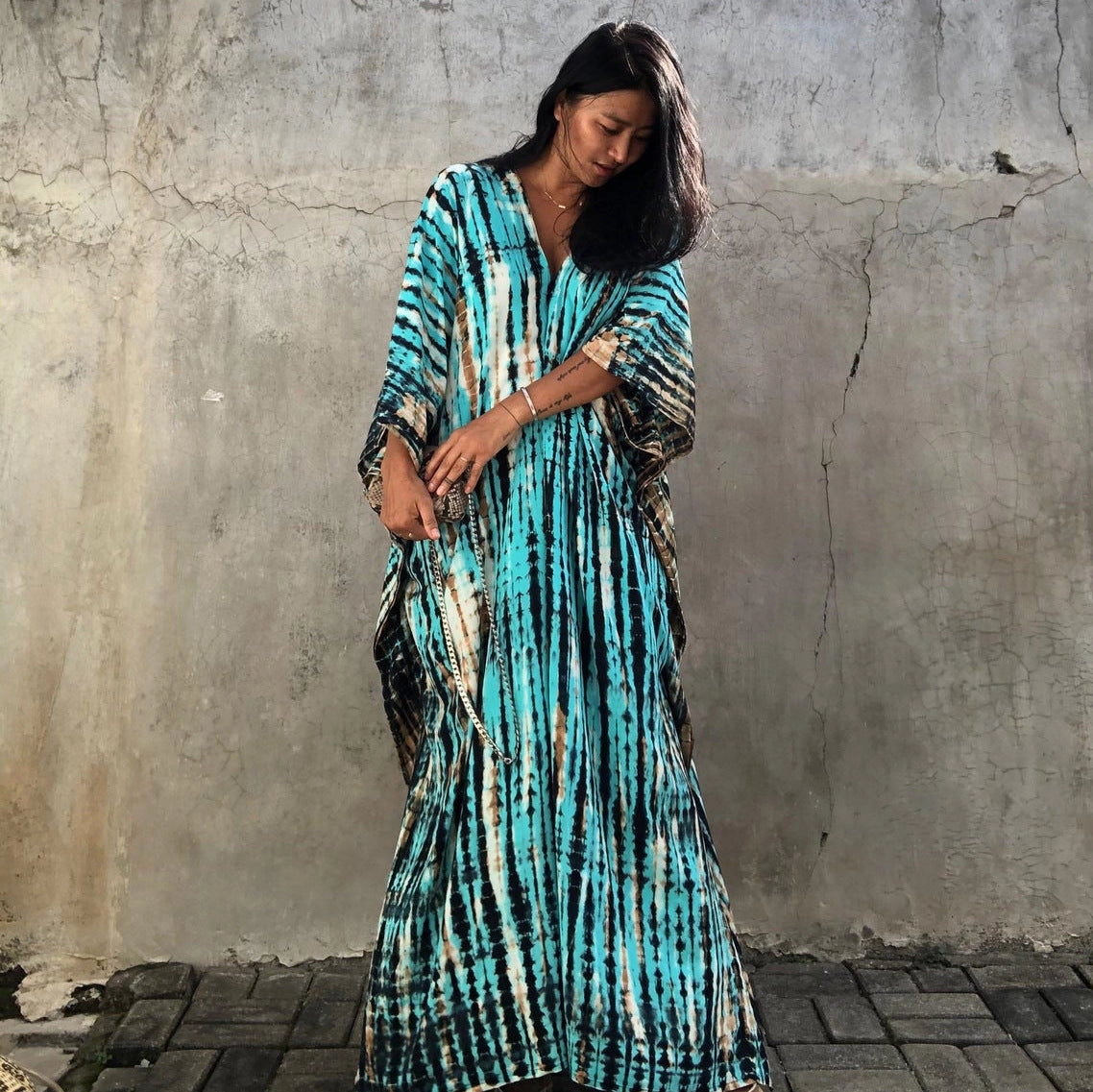Long Bohemian Maxi Dress with Turquoise Stripes and Ethnic V-Neck Kaftan Print
- ModishWorld