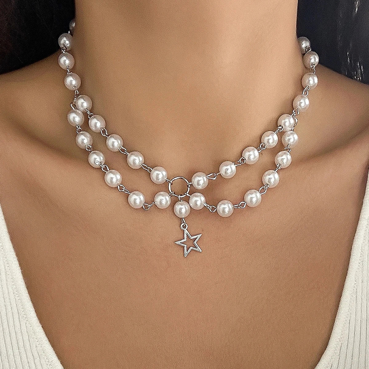 Elegant Double-Strand Pearl Necklace, Silver Star Charm
- ModishWorld