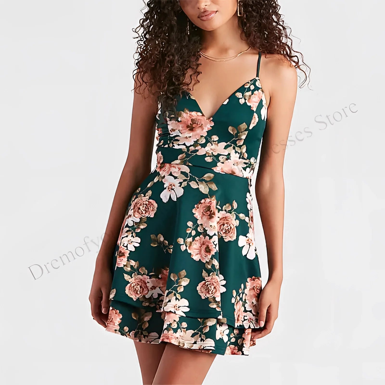 Summer Cocktail Dress: Green Floral Print, Spaghetti Straps, Cut-Outs