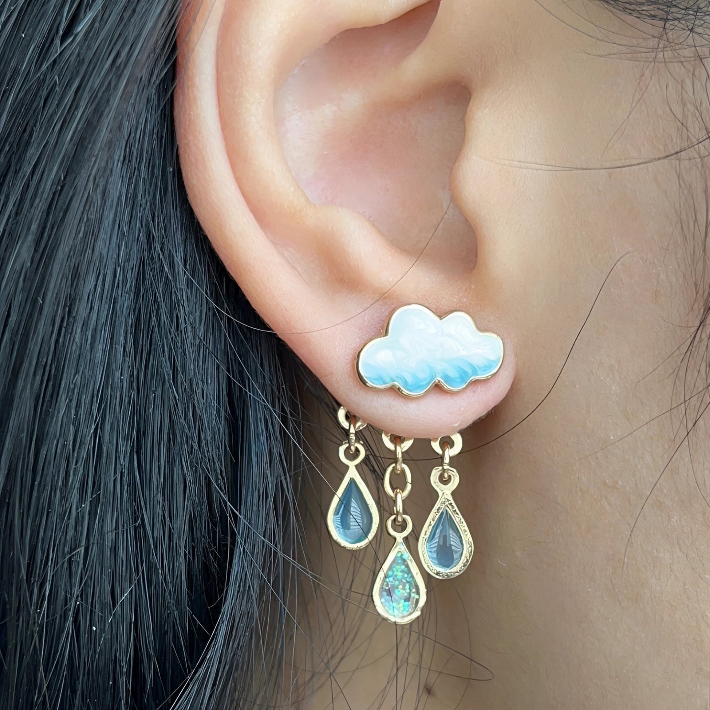 Gold Dangle Earrings with Opal Raindrop Cloud Design and Opalescent Accents
- ModishWorld
