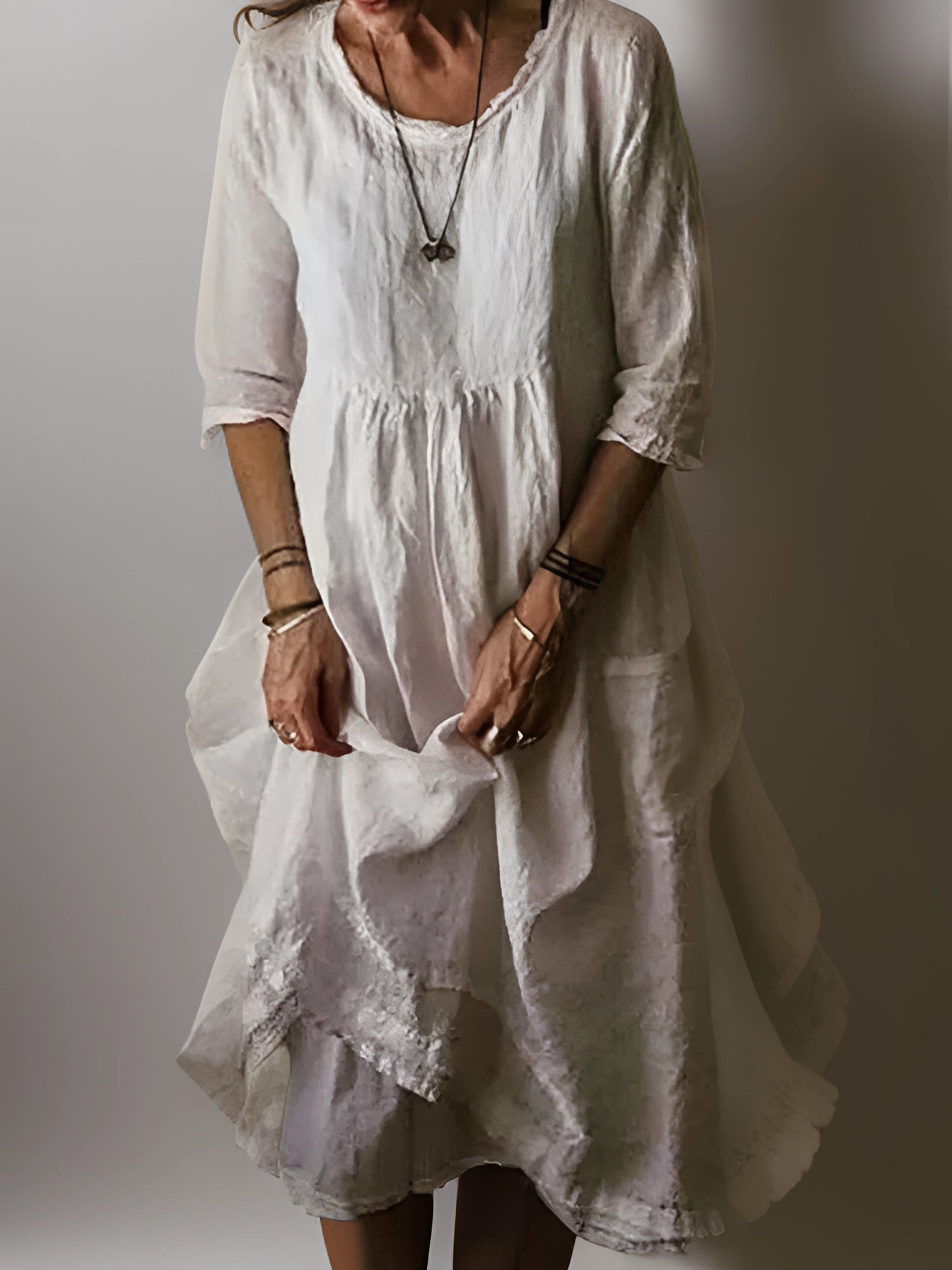 Flowing 3/4 Sleeve White Linen Maxi Peasant Dress in Bohemian Style