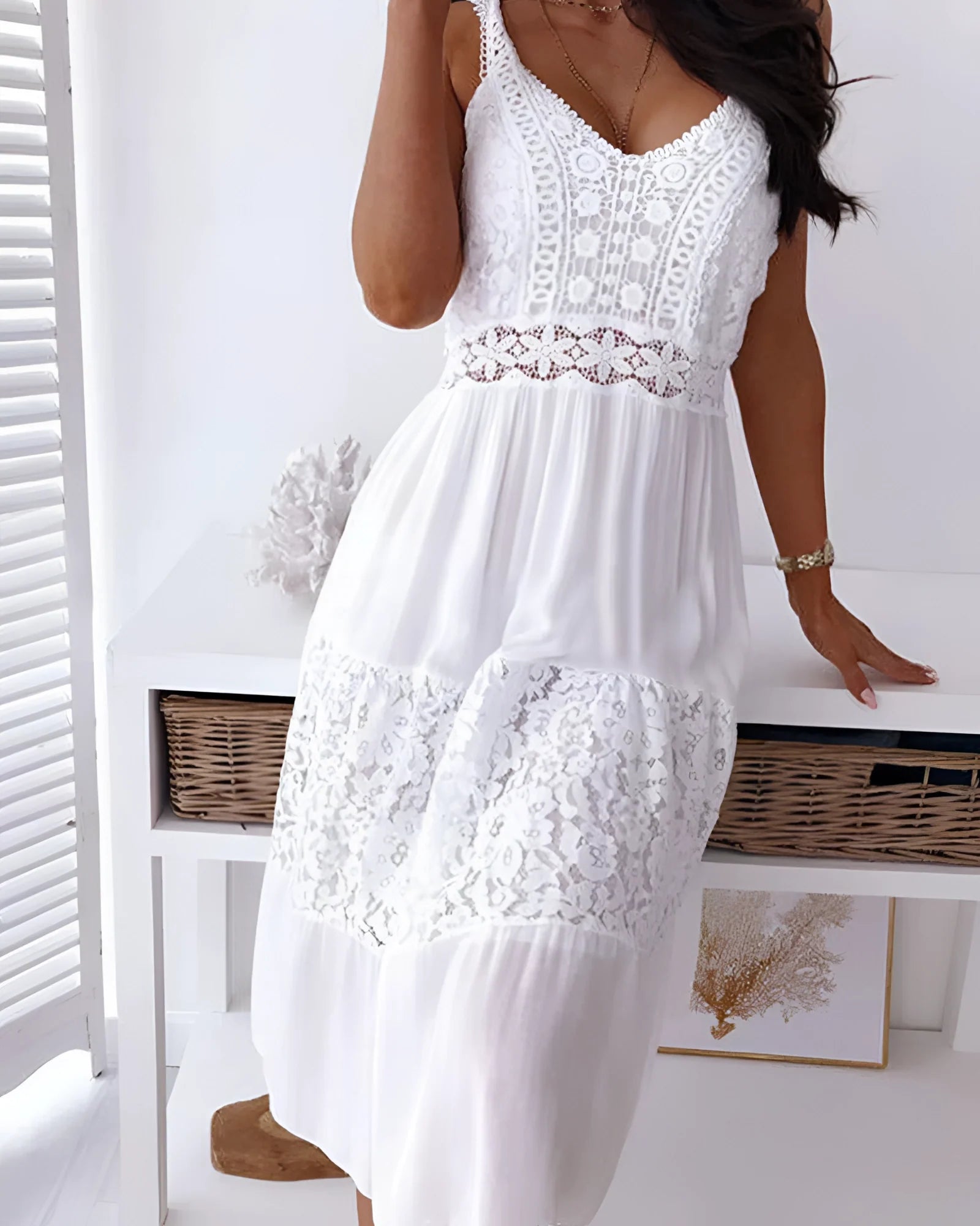 Summer Sleeveless White Lace Boho Midi Dress with Deep V-Neck and Tier