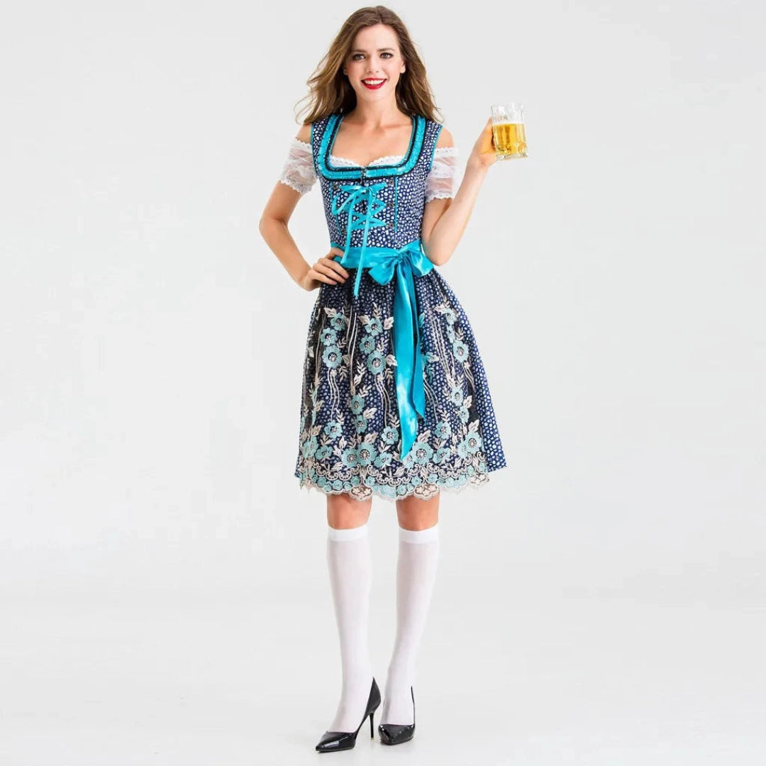 Bavarian Floral Dirndl Dress with Apron for Women in Blue
- ModishWorld