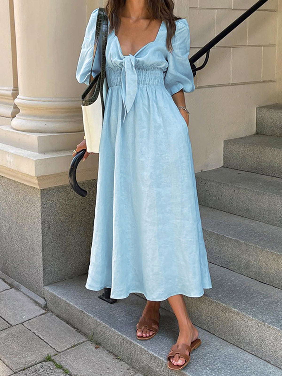 Pastel Blue Summer Dress with Puff Sleeves and Tie Front - ModishWorld