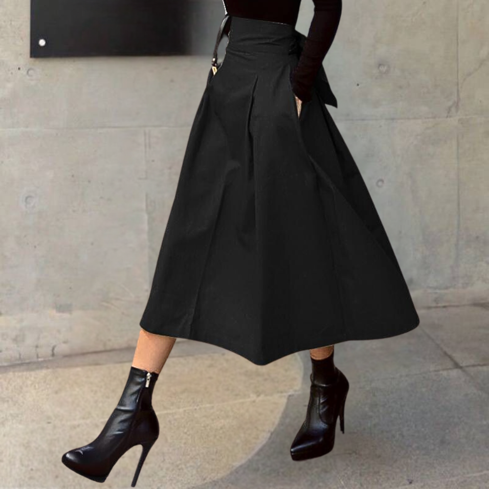 Flared Waist Midi Skirt with Back Tie Closure