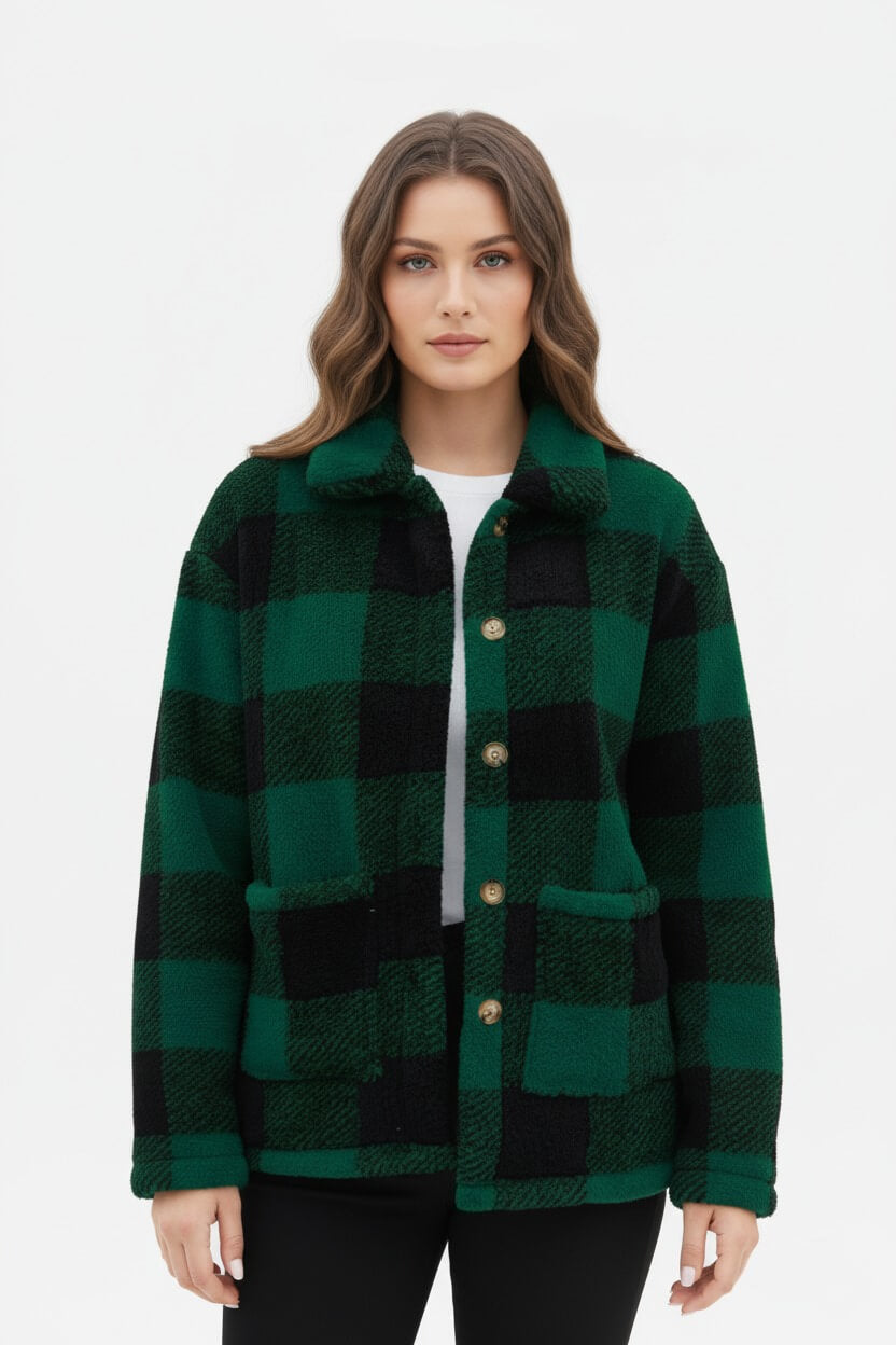 Warm Women's Checked Teddy Jacket with Pockets