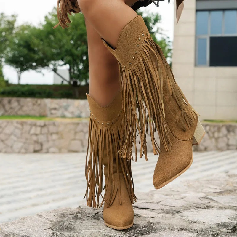Ladies' Fashionable Western Boots - Fringe & Block Heel