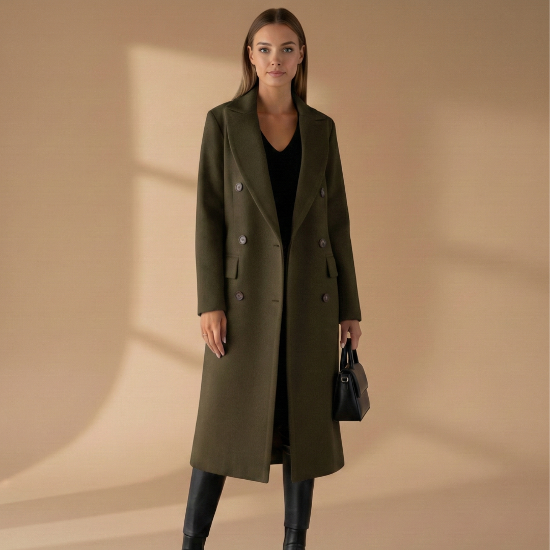 Ladies Classic Coat with Lapel Collar and Button Front