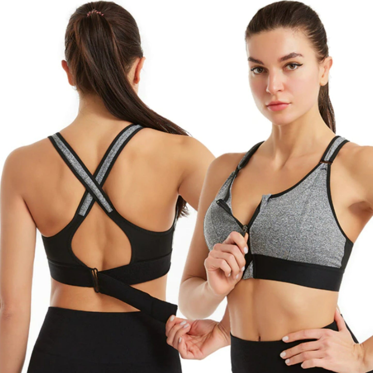 Women's Fitness Bra - Crossback with Easy Zip Front