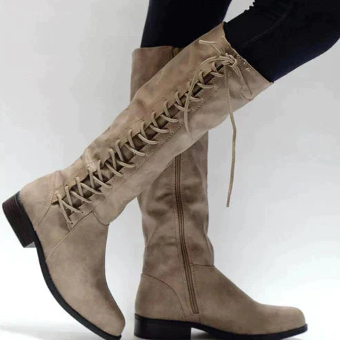 Ladies Tall Lace Up Ankle Boots - Low Heel Zip Side