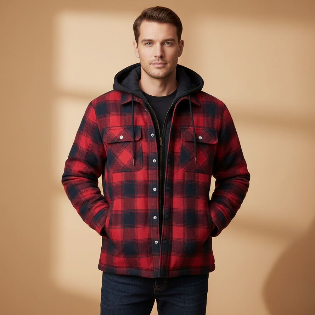Men's Zip Up Hooded Plaid Jacket