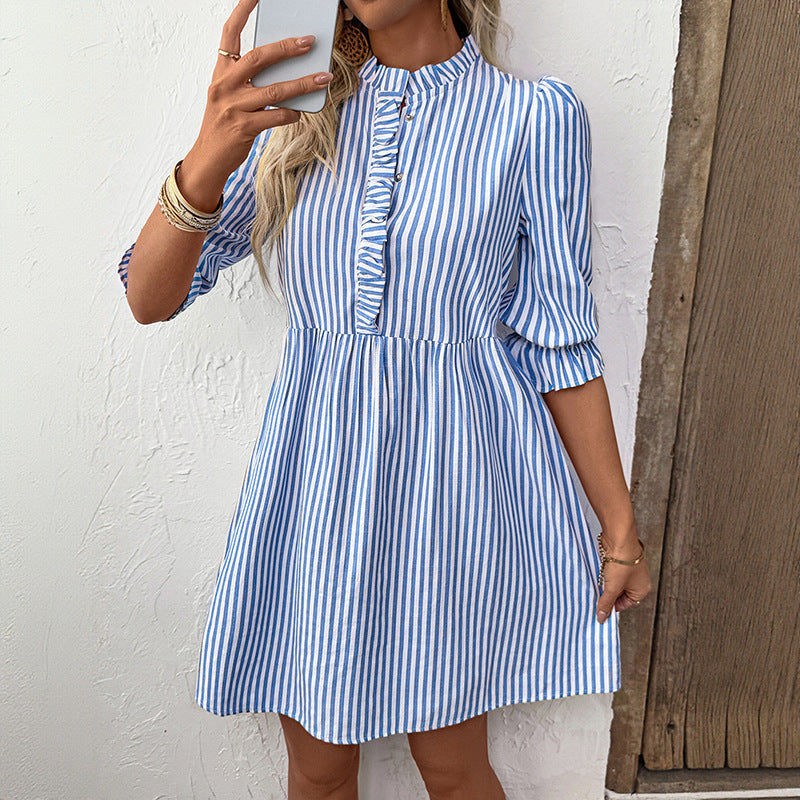 Women's Classic Stripe Mini Dress - Puffy Sleeves, Casual Style