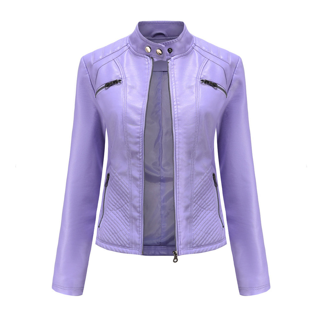 Classic Biker Leather Jacket with Zip Up Collar