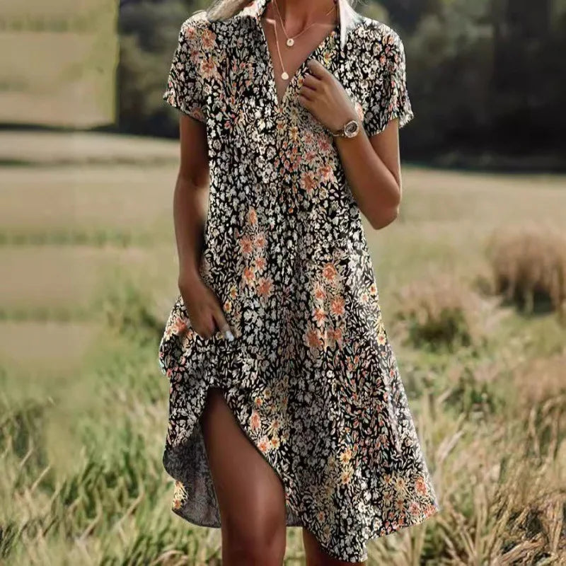 Beautiful Flower V-Neck Button Dress