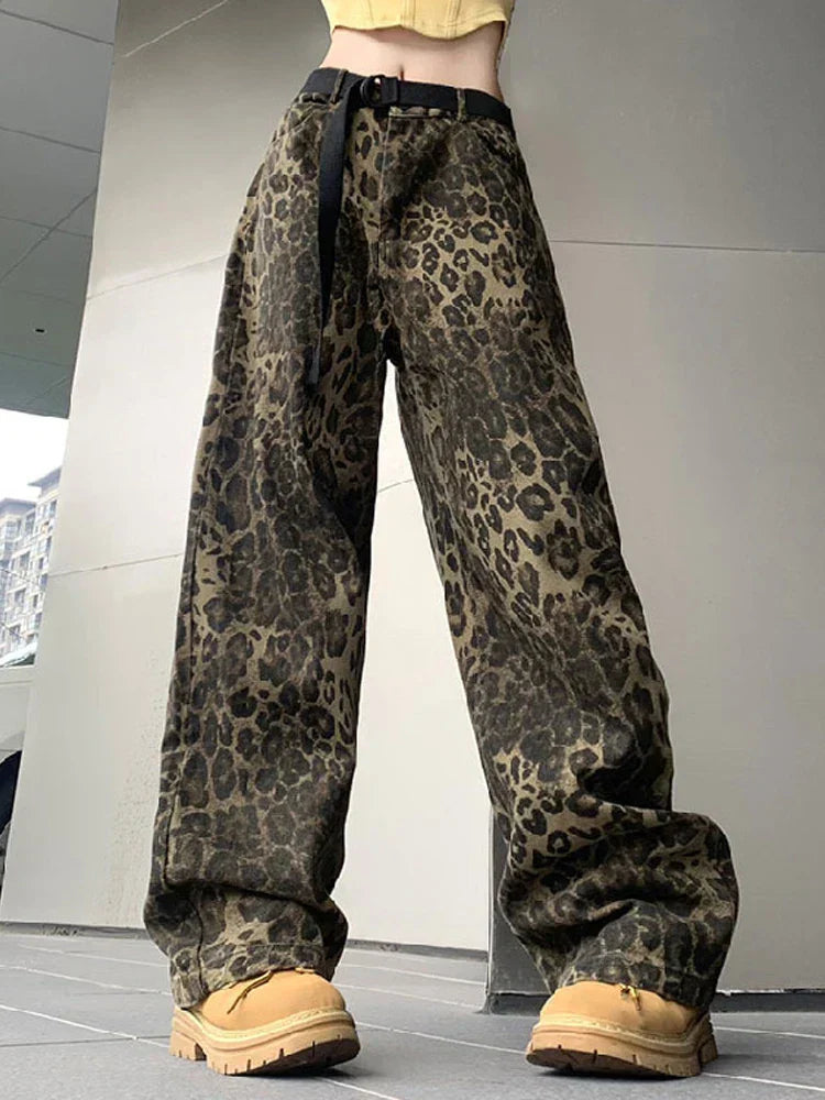 Trendy Leopard High Waist Wide Leg Jeans - ModishWorld