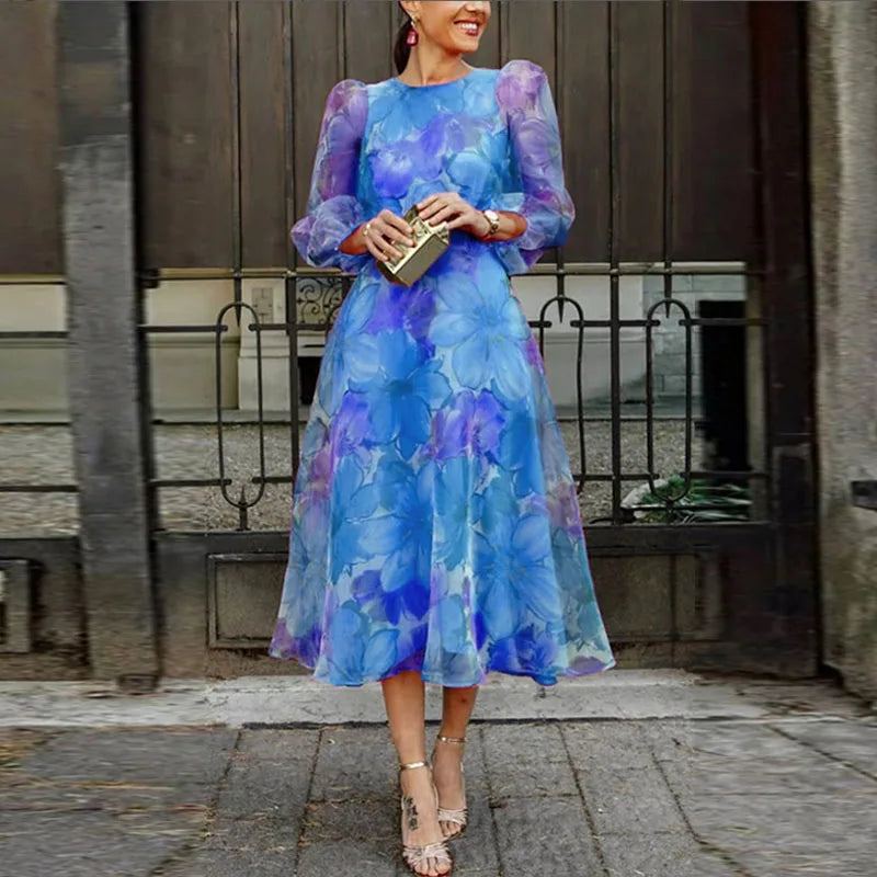 Pretty Floral Midi Dress for Ladies, Pastel Pink Blue