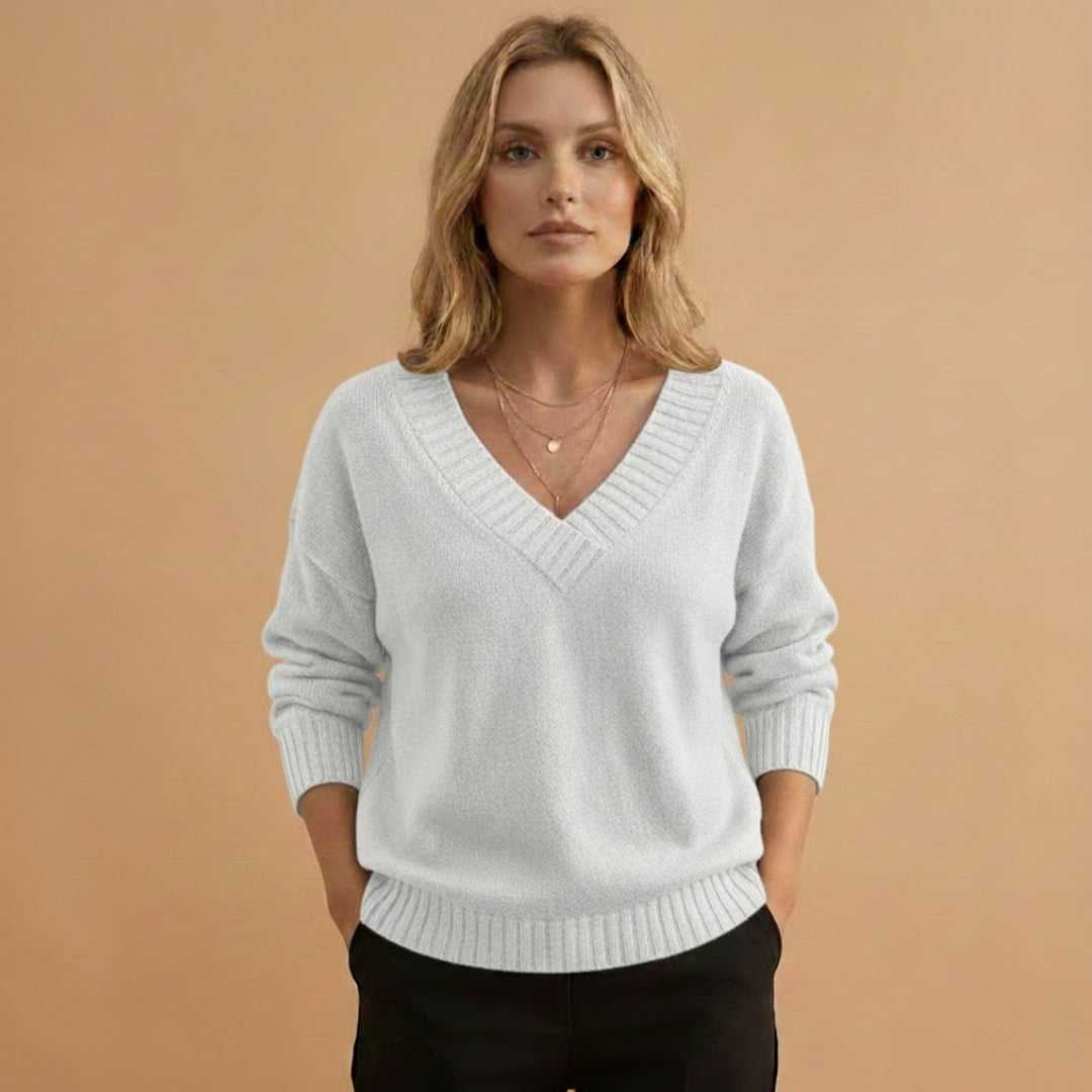 Relaxed Fit V-Neck Women's Sweater with Texture Details