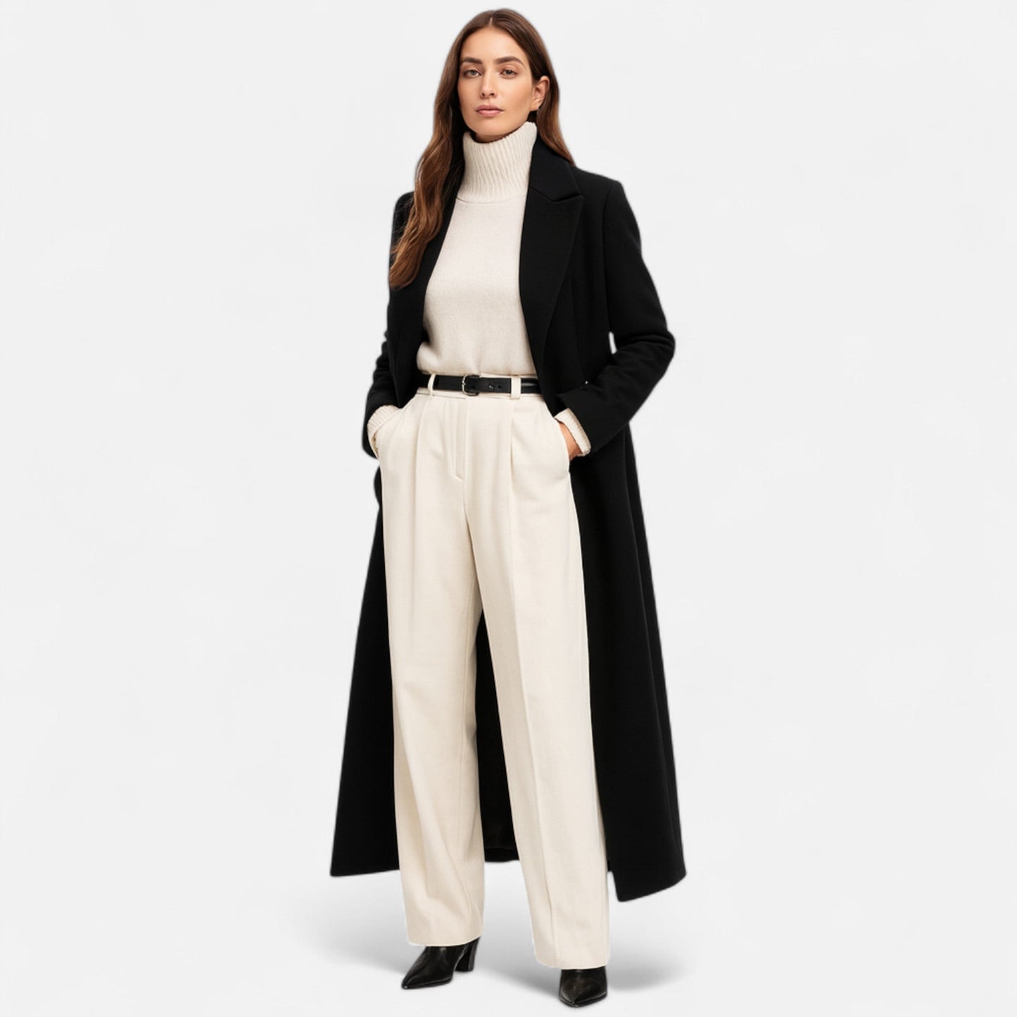 Women's Long Black Winter Coat with Classic Lapel - ModishWorld
