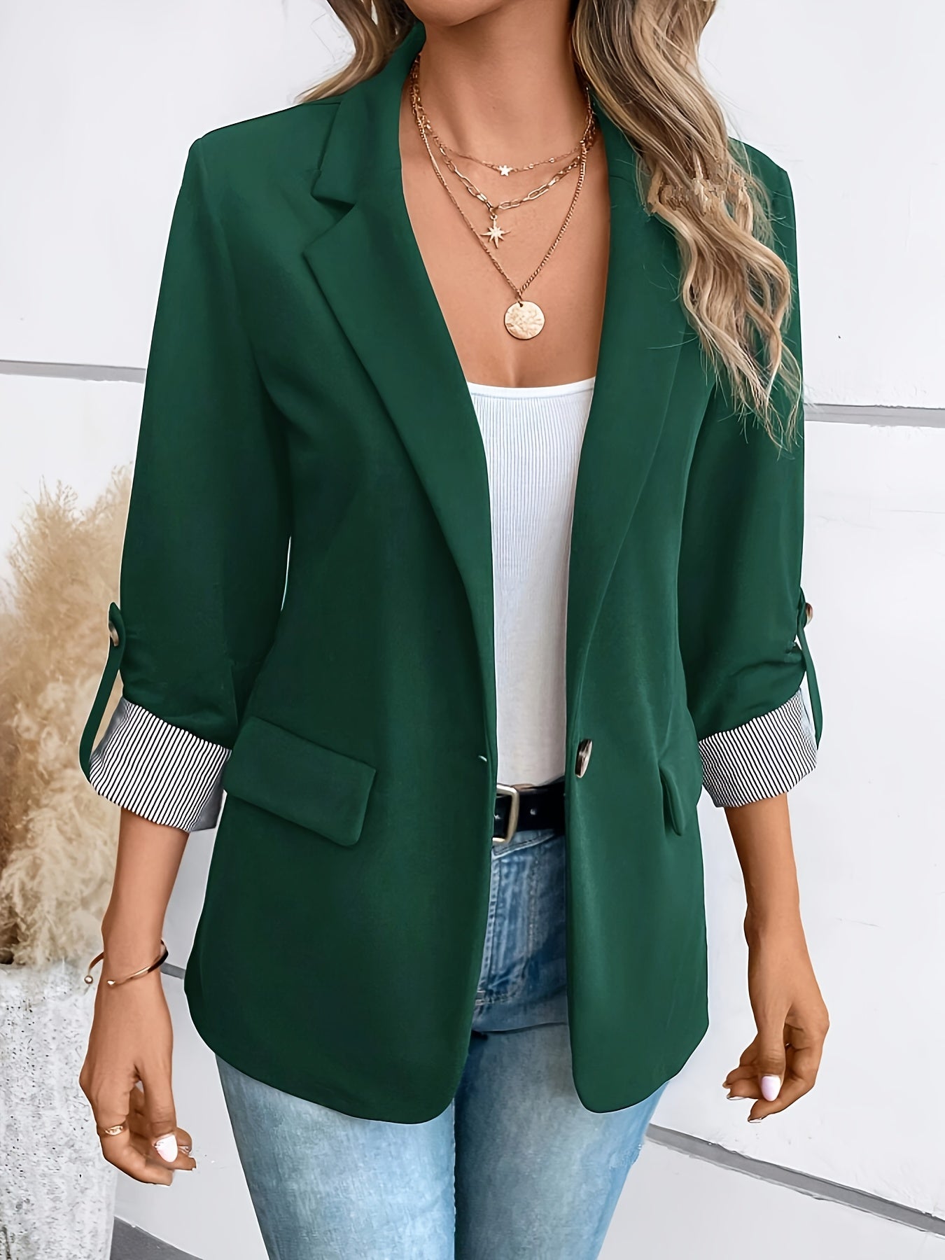 Ladies' Striped Jacket with Cuff Sleeves and Pocket Details