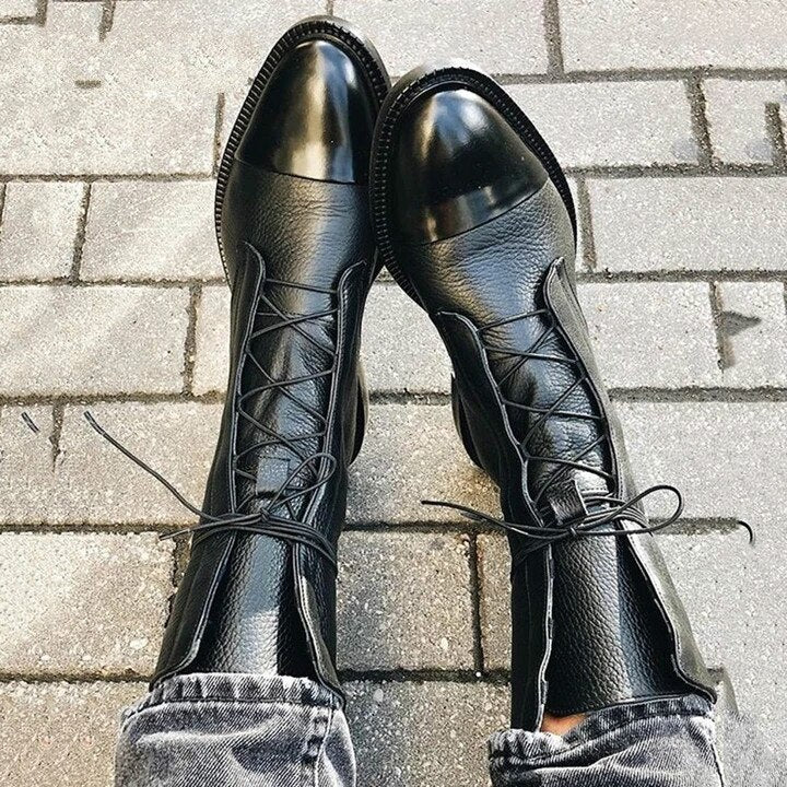 Women's Dark Leather Ankle Boots - Buckle Detail Combat Style - ModishWorld