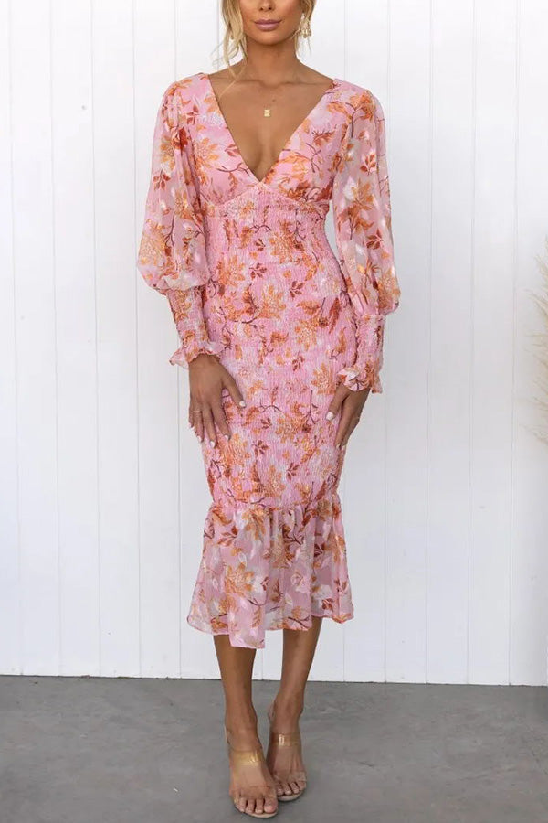 Elegant Flower Print Fitted Midi Dress for Women - ModishWorld