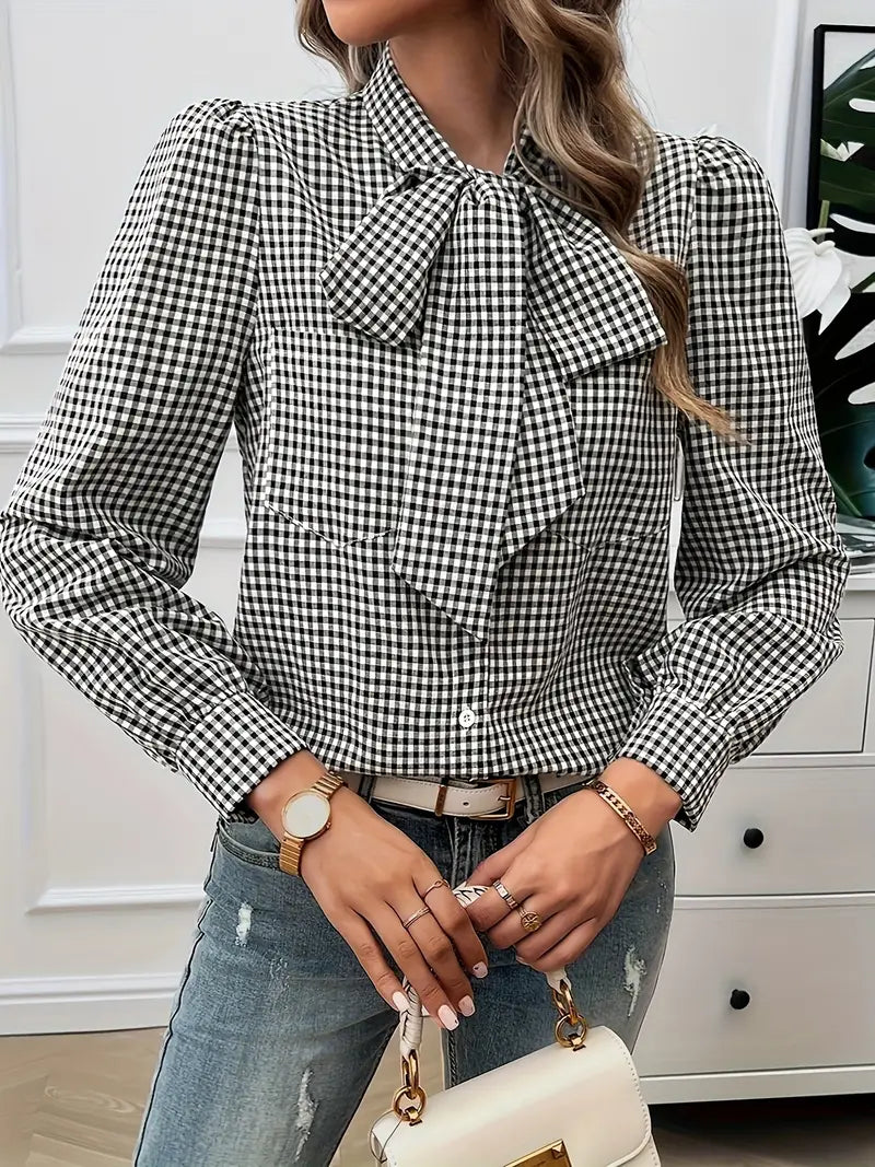 Classic Checked Shirt with Chic Bow Detail for Ladies