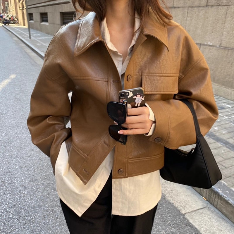 Short Brown Biker Leather Jacket for Women - ModishWorld