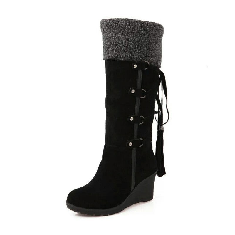Women's Tall Wedge Boots with Foldover Top and Tassel Detail