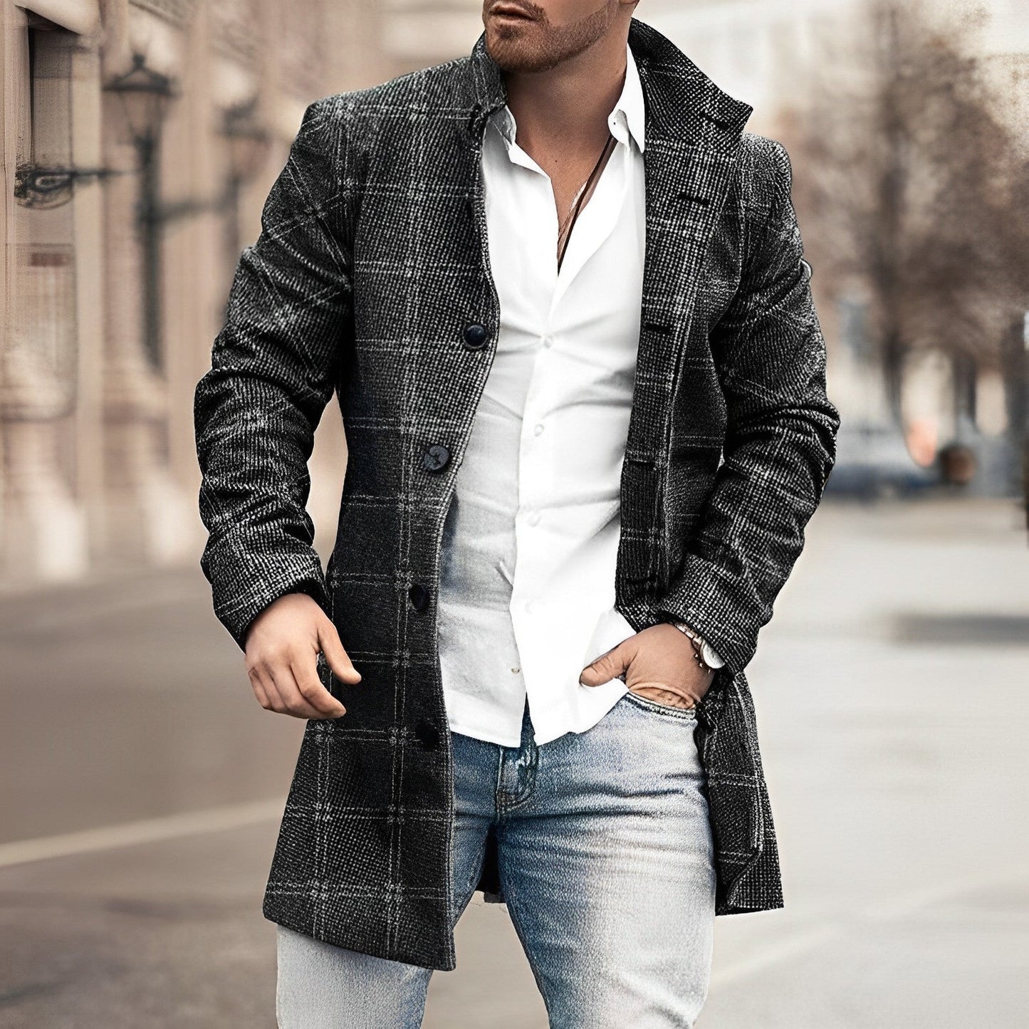 Classic Plaid Trench Coat for Men