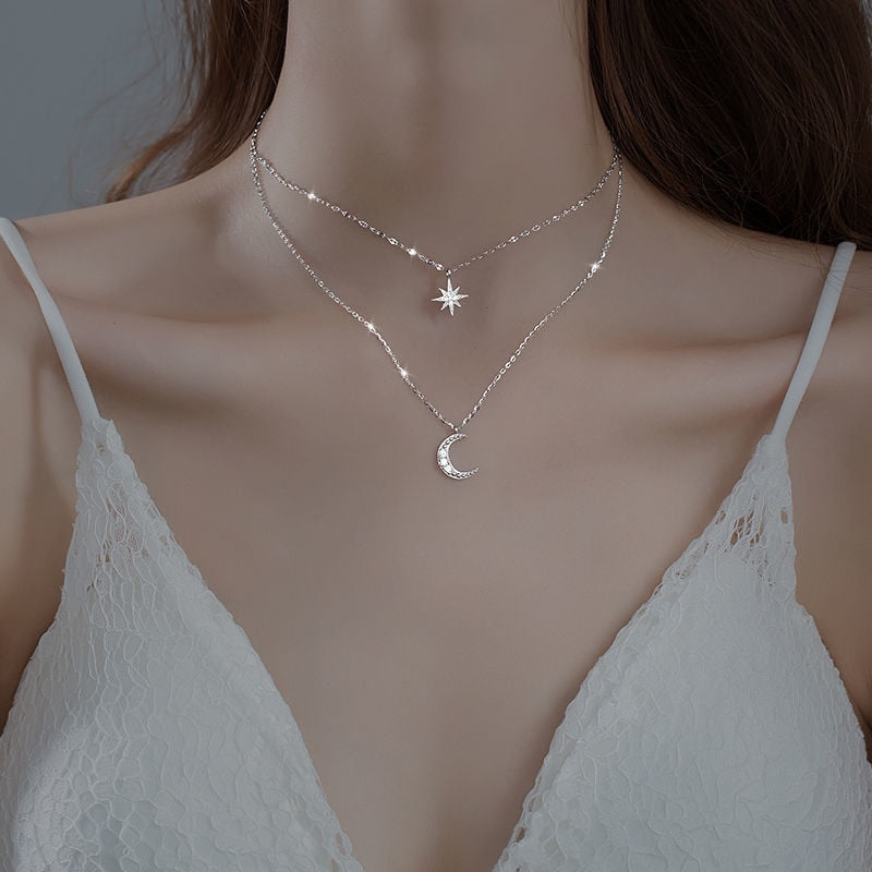 Delicate Sterling Silver Chain Necklace Star Moon Charm - ModishWorld