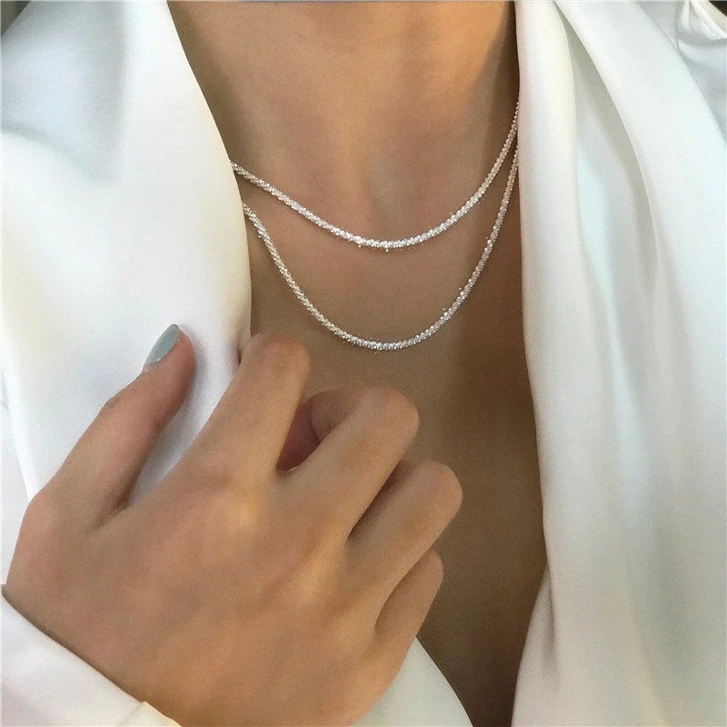 Sparkly Layered Chain Necklace with Crystal Accent - ModishWorld