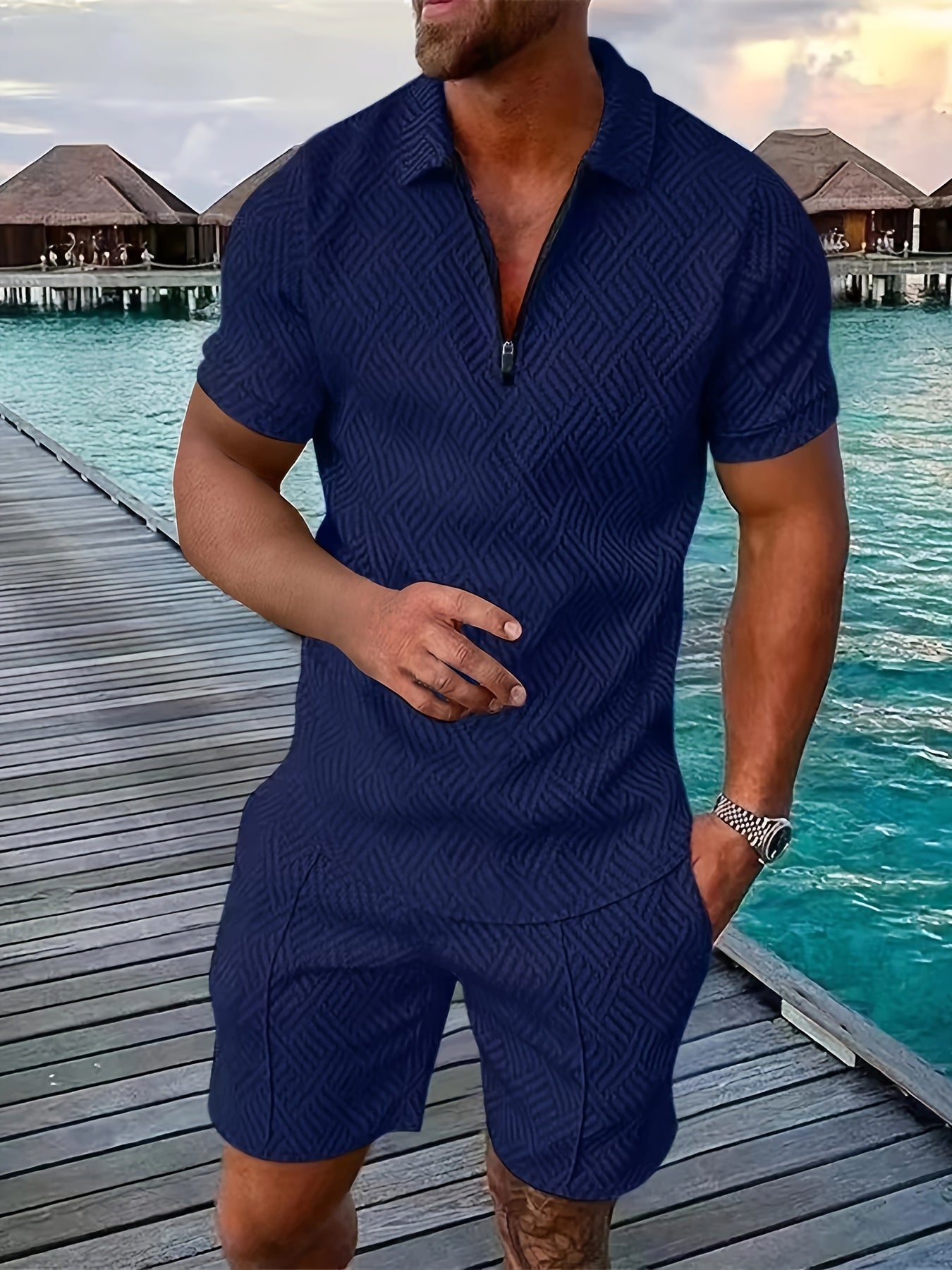 Relaxed Fit Mens Geometric Polo Shirt Shorts Combo