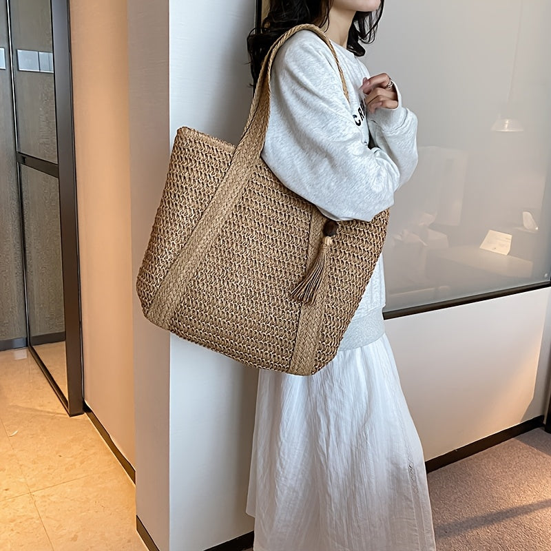 Large Straw Beach Shopping Bag - Classic Summer Design