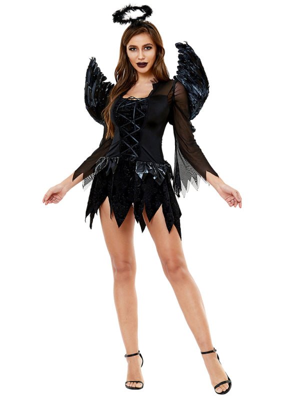 Spooky Black Angel Mini Costume Dress with Wings