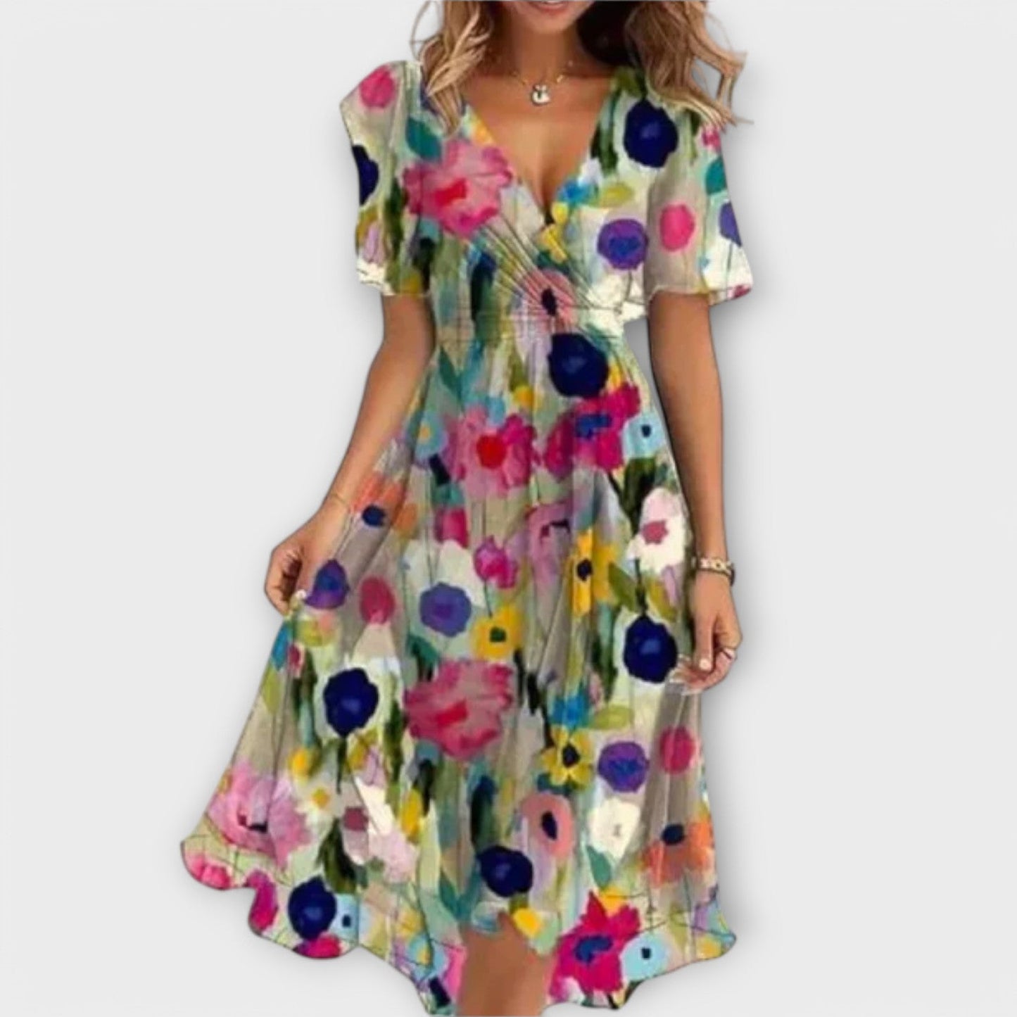 Beautiful Flower Print V Neck Dress