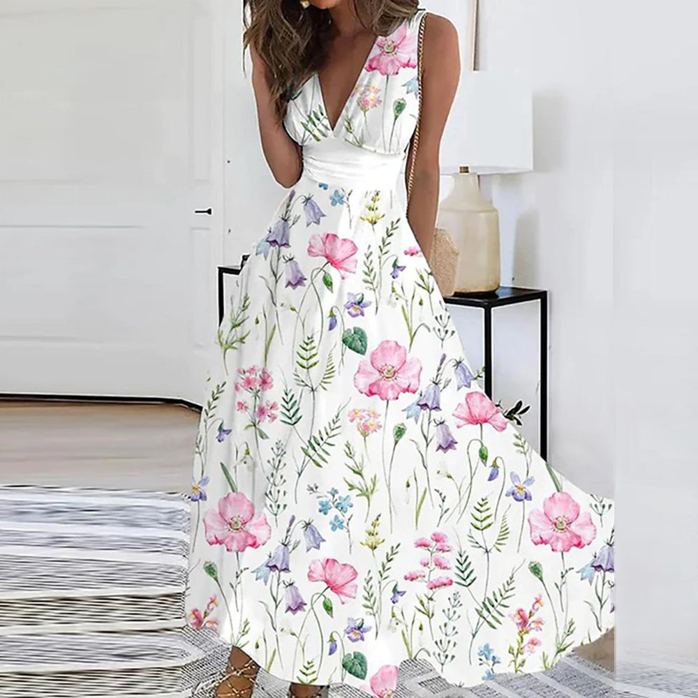 Elegant Floral V Neck Womens Dress