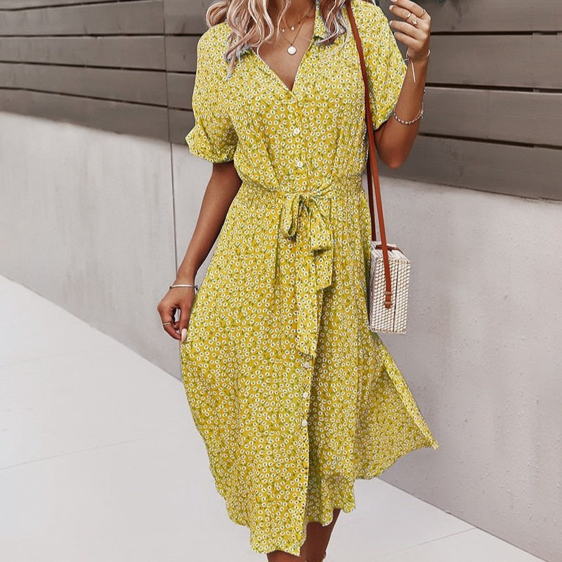 Elegant Flower Print Mid Length Dress