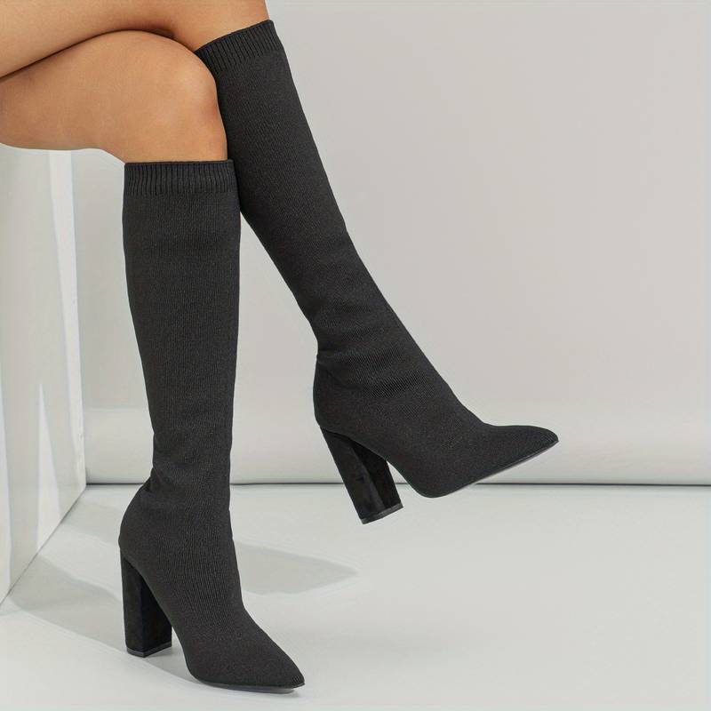 Tall Sock Boots for Women with Pointy Toe and Block Heel - ModishWorld