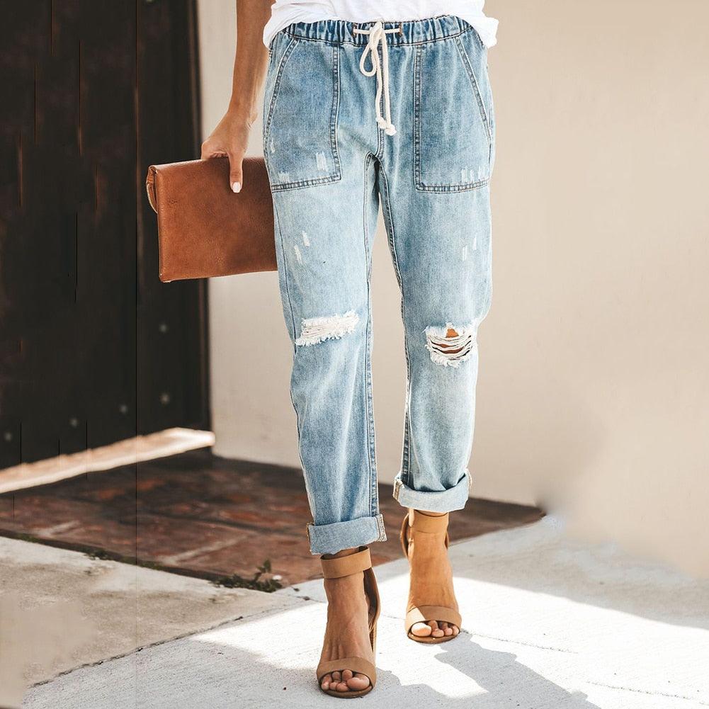 Women's Classic Straight Jeans - Elastic Waist & Side Pockets - ModishWorld