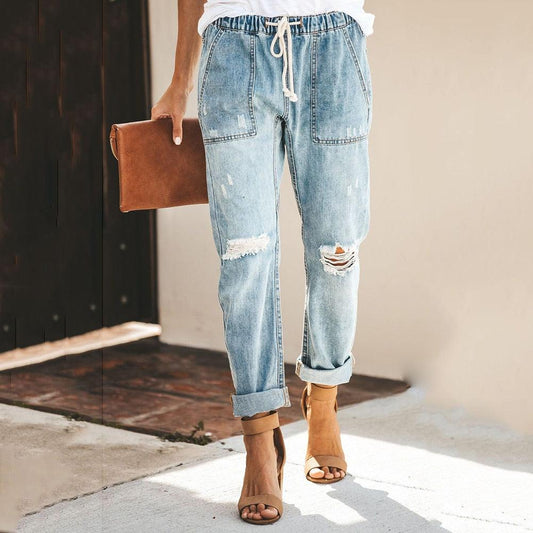 Women's Classic Straight Jeans - Elastic Waist & Side Pockets - ModishWorld