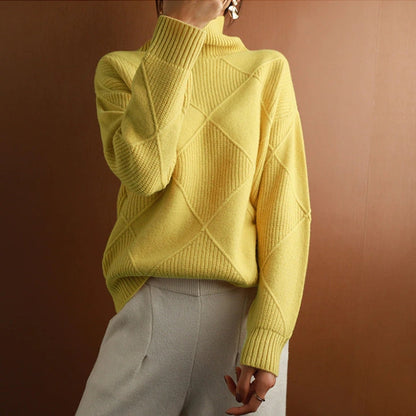 Women's Sweater - Soft Diamond Pattern Roll Neck