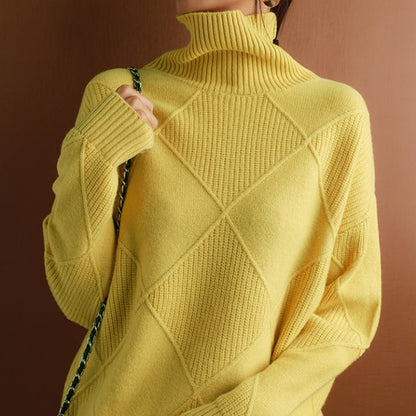 Women's Sweater - Soft Diamond Pattern Roll Neck - ModishWorld